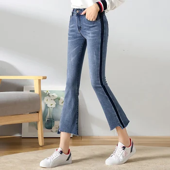 

2019 spring and summer high waist boyfriend jeans for women whisker roll-up tassel women jeans denim femme 26-31