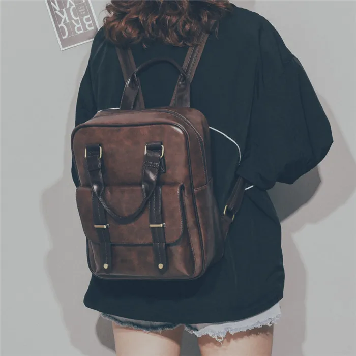 Рюкзаки из искусственной кожи для девочек-подростков, винтажная школьная сумка через плечо, рюкзак Mochila, простой женский рюкзак в консервативном стиле, черный и коричневый цвета - Цвет: coffee