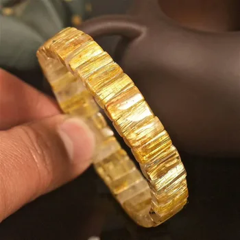 

Genuine Natural Gold Rutilated Quartz Crystal Rectangle Beads Bracelet 11x5mm Bangle Wealthy Woman Man Bangle AAAAAA
