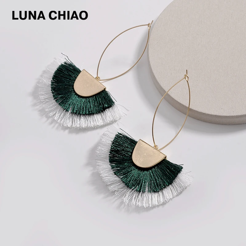 

LUNA CHIAO 2018 Trendy Double Layer Mix Color Block Fringed Tassel Drop Earrings for Women