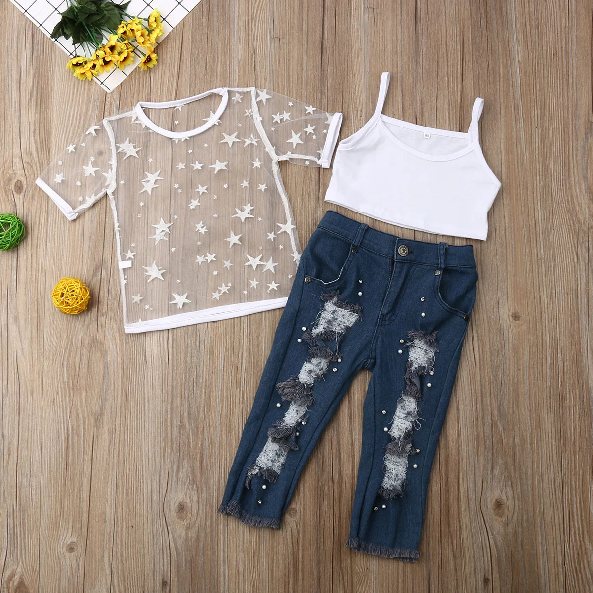 Fashion Toddler Girls Stars Mesh T-shirt Tank Tops /& Ripped Jeans Pants Outfits