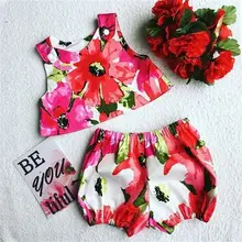 Модная одежда для маленьких девочек Футболка с цветочным принтом топы на бретелях и штаны