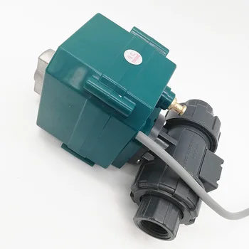 

CTF-001 DN20 G3/4" BSP 2 way PVC Double Union motorized ball valve with manual override for water equipment DC24V CR02 3 wires