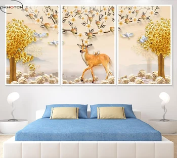 

Unframed 3 Pieces/Set Flower Bird Golden Deer Paintings Prints Poster Modular Canvas Pictures Wall Art Home Decor
