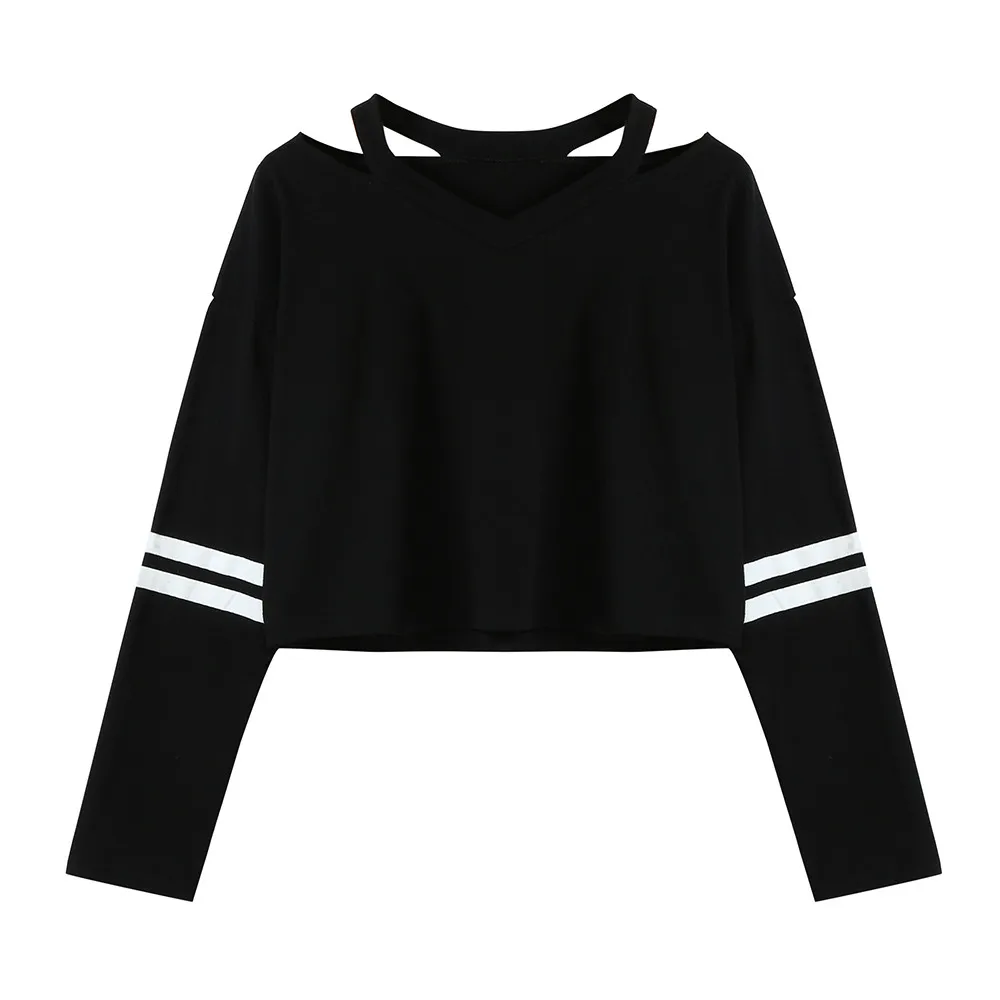 Женский короткий свитер Sudaderas Mujer с дырками длинным рукавом в черную полоску A10 AU15