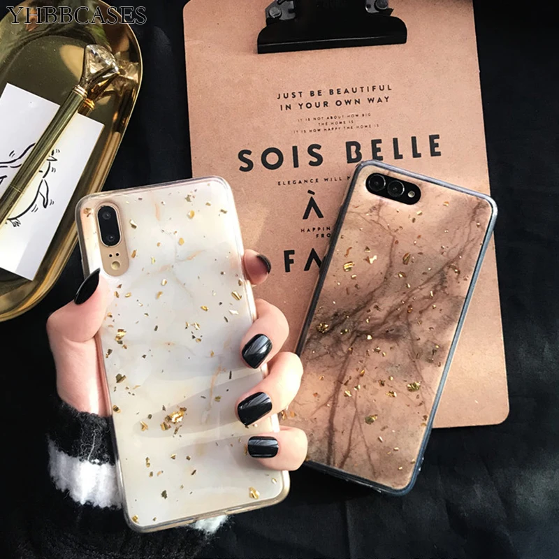 

YHBBCASES Gold Foil Bling Marble Phone Case For Huawei P20 Pro P10 Plus Nova 3e 2S Soft TPU Honor 9 V9 V10 Glitter Cases Cover