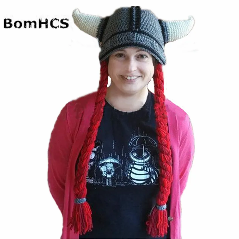 BomHCS смешной Ox шапка с рогами с большой косой ручной работы трикотажные парики на шляпы зимняя Толстая шапка подарок