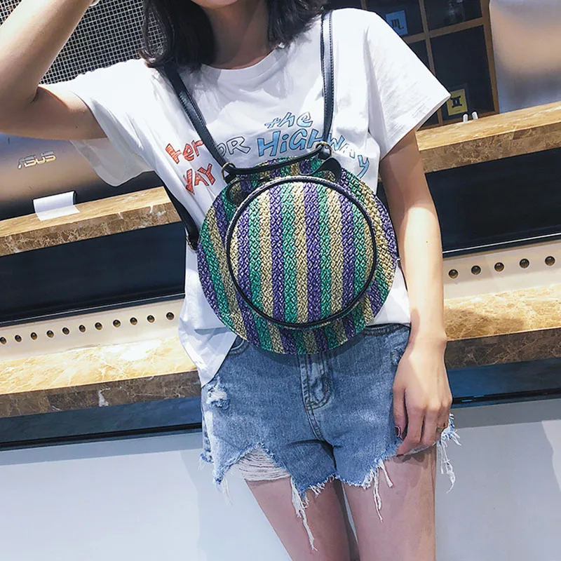 New Fashion Women Summer Straw Backpack INS Popular Female Hat Back Pack Lady Travel Casual Mochila Stripe Knit Crossbody BP3008 (15)