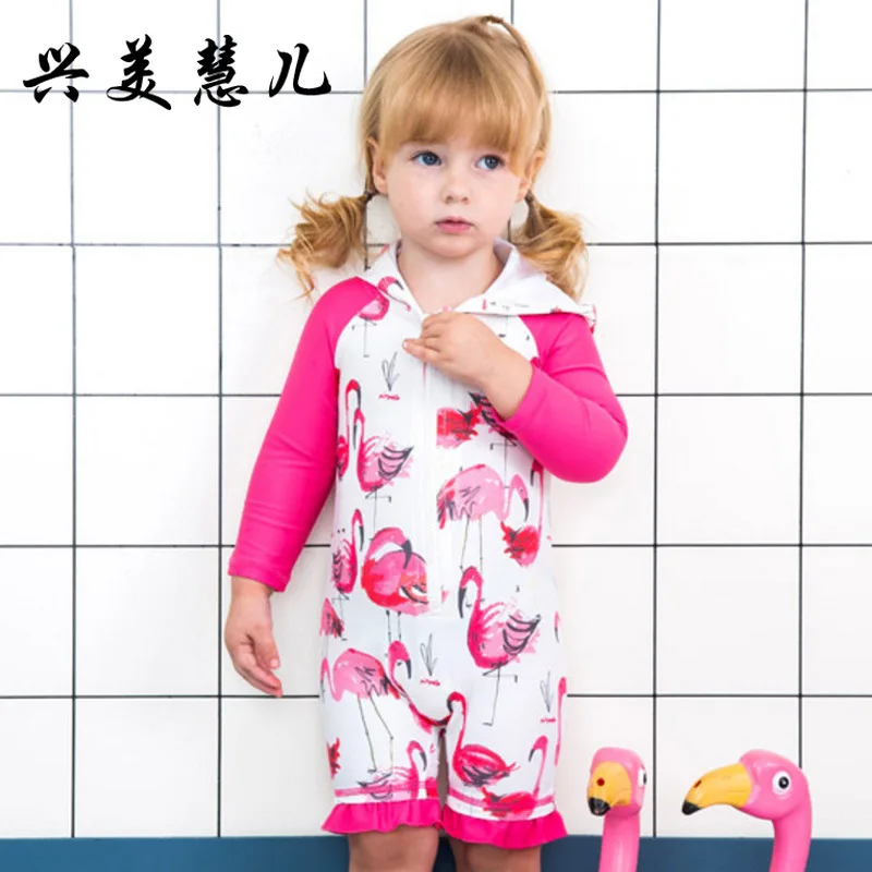 

Children's Swimwear Junior Girls Swimsuit Baby Clothes Bathing Suits 2018 New Children Long Sleeve Mei Red Printing Hooded Sun