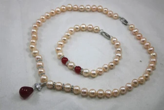 

xiuli 00719 New Design Pink Pearl Pendant Necklace Bracelet Jewelry Set