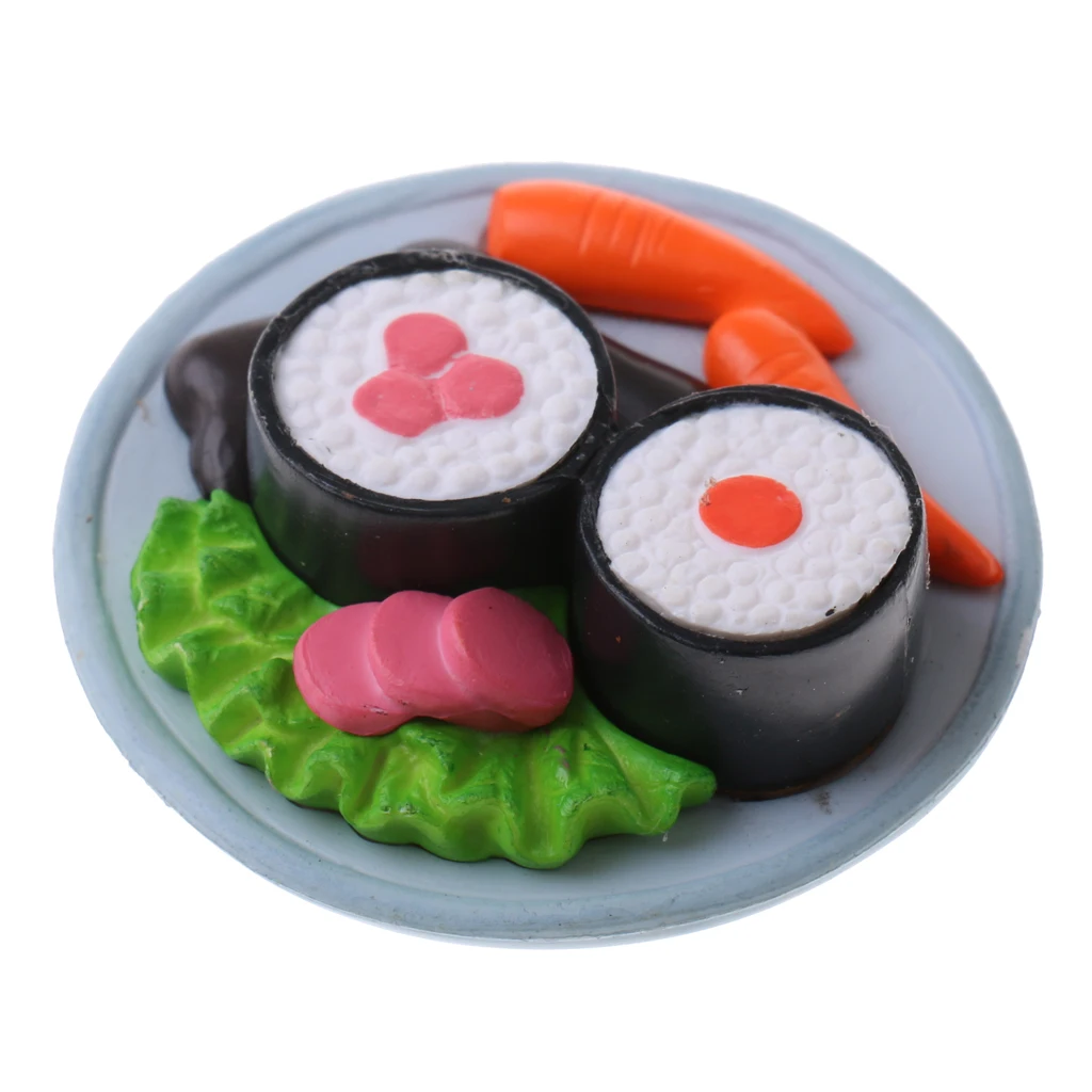 

1/12 Dollhouse Accessories Kitchen Round Plate Vivid Japanese Food Sushi & Vegetables Miniature Dining Table Decoration
