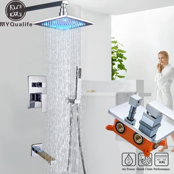 

LED Light Shower Faucet Wall Mounted Rainfall Bath Shower Set Concealed Box Single Handle Shower Mixers with Handshower
