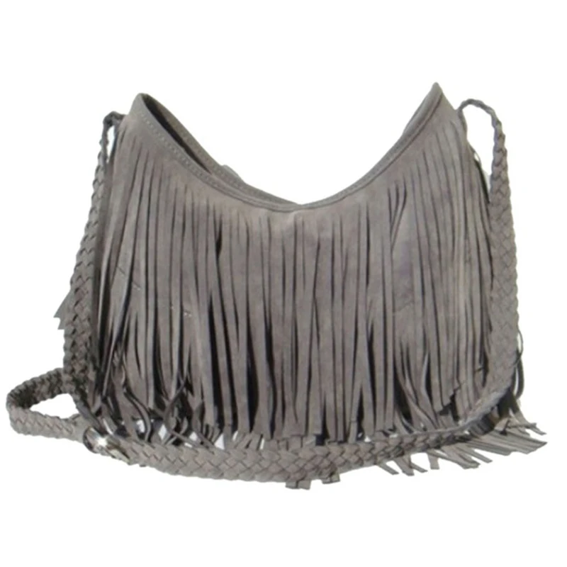 Womens Tassle Fringe Faux Suede Shoulder Messenger Crossbody Bag Handbag Purse Black Brown White