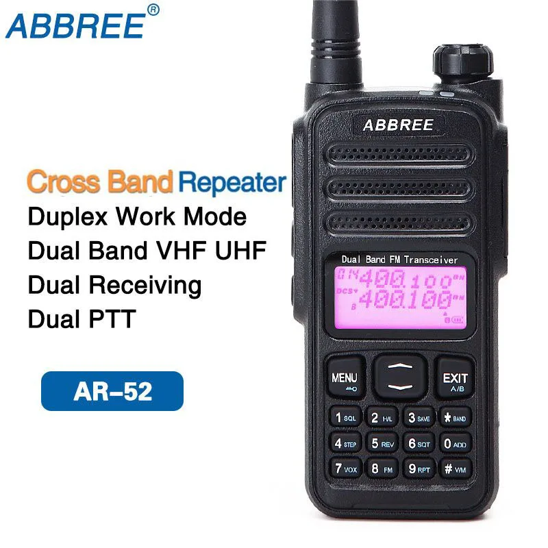 

ABBREE AR-52 Walkie Talkie Duplex Cross Band Repeater UHF VHF Dual Band 136-174/400-480MHz 2-PTT Dual Receiving Portable Radio