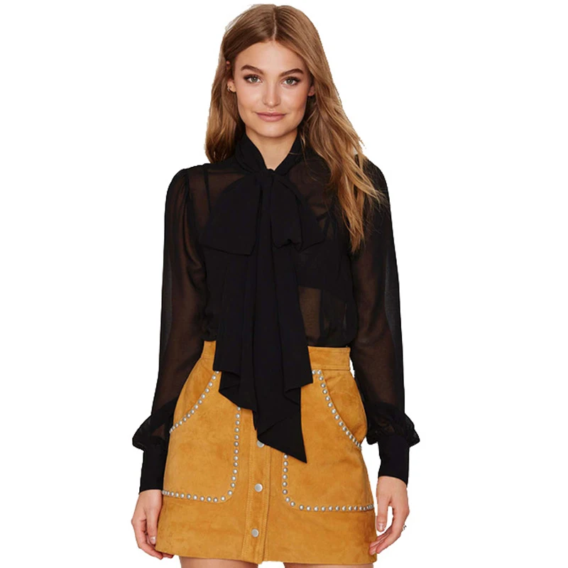 2017 Spring Women Clothes Long Sleeve Blouse Bow Collar