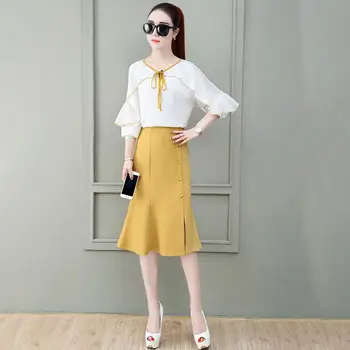 

New Spring Summer Women Two 2 Piece Set Outfits Female Tops And Skirt Sets Ladies Vintage Slim Chiffon Clothing Tracksuit F136