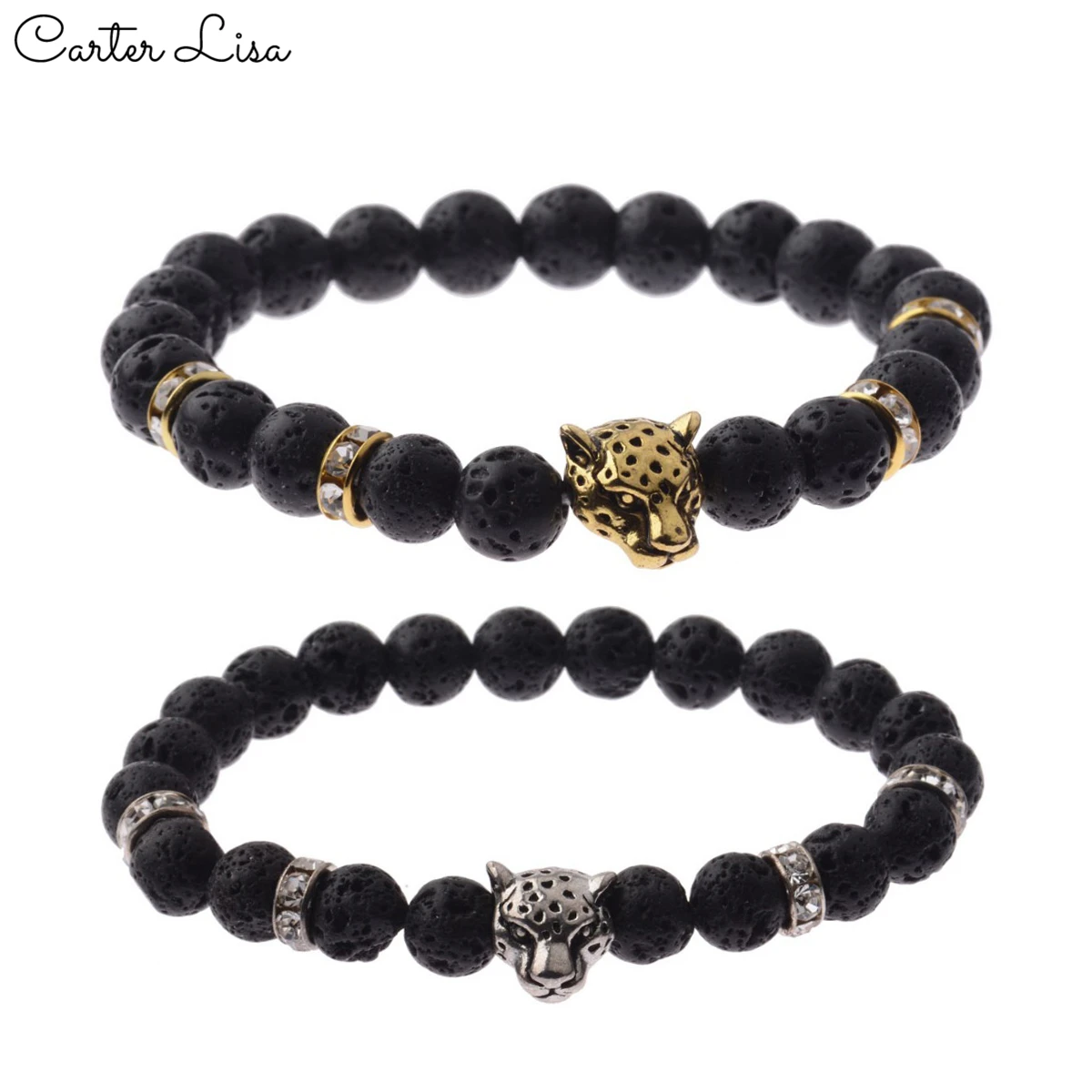 CARTER LISA Charm Men 8mm Lava Stone Beads Gold/Silver Leopard Bracelet Healing Balance Energy Lucky Bracelets For Women Jewelry | Украшения
