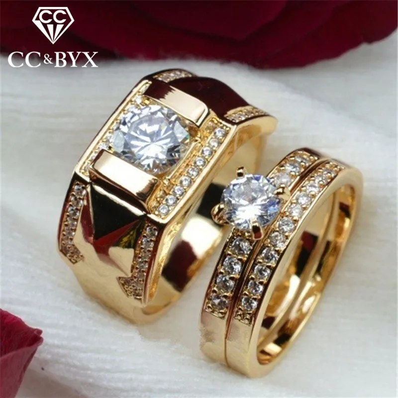 Кольца СС для женщин и мужчин модный набор влюбленных Кольцо фианит желтое золото Цвет аксессуары для свадьбы, помолвки CC2095