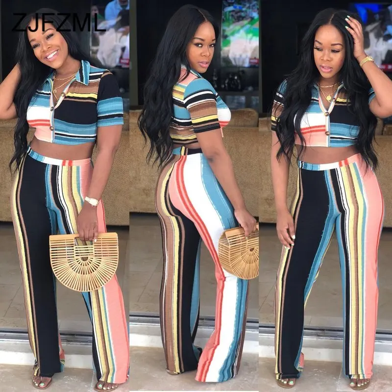 

Colorful Striped Two Piece Sweatsuits Women Turn Down Collar Short Sleeve Crop Top And Straight Pants Summer 2 Piece Club Outfit