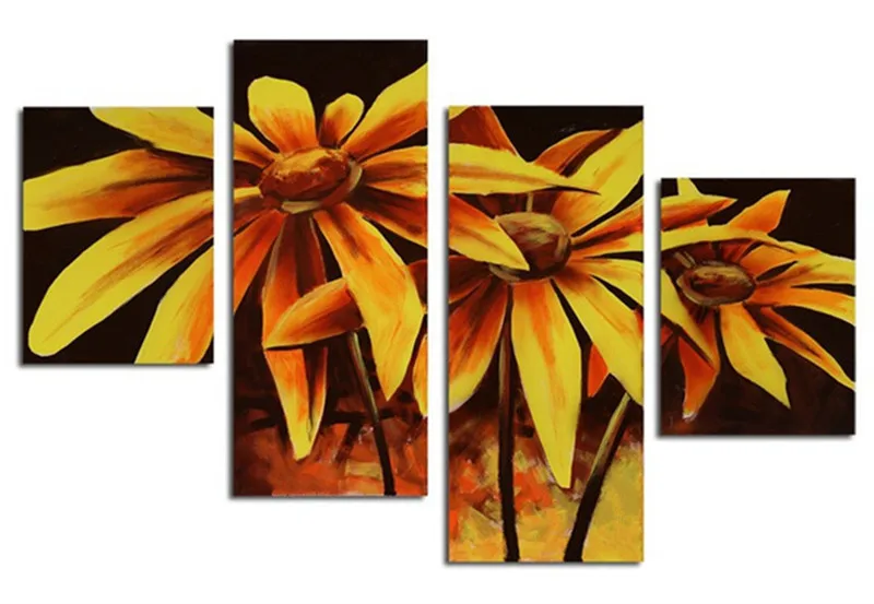 

Handpainted Abstract Yellow Sunflower Flower Oil Painting Home Wall Art Large 4 Panel Canvas Pictures Handmade Floral Paintings