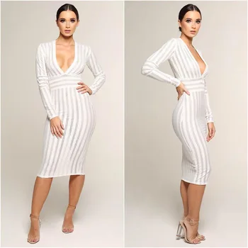 

2019 Dress Sexy Celebrity Temperament Striped Vintage Women Deep V Neck Night Club White Fashion Body con Dresses Wholesale