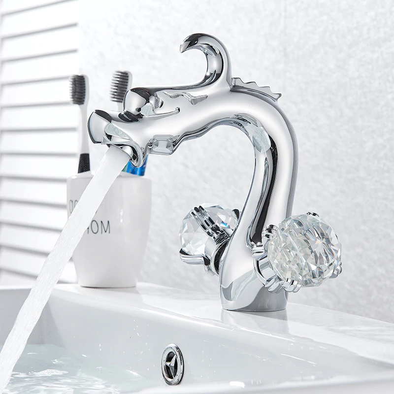 quyanre wanfan Chinese Dragon Basin Faucet Bathroom Vessel Sink Mixer Tap Deck Mounted Dual Crystal Handle Hot Cold Water Mixers112