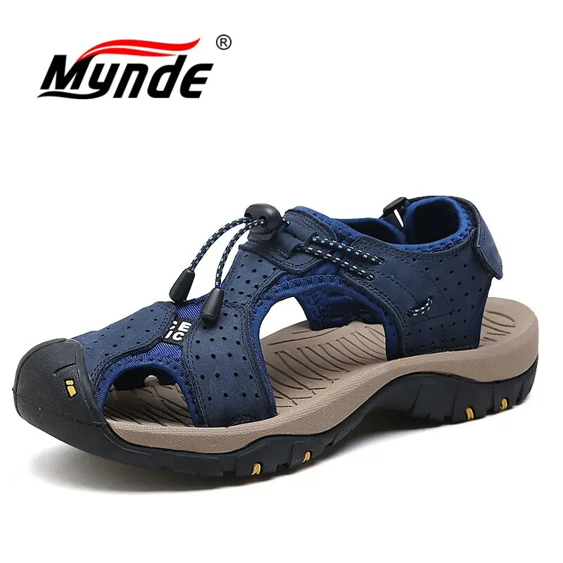Mynde جديد أزياء الصيف الرجال الصنادل الشاطئ تنفس ماركة الرجال جلد طبيعي حذاء الرجل عارضة أحذية زائد الحجم 39-46 Mynde جديد أزياء الصيف الرجال الصنادل الشاطئ تنفس ماركة الرجال جلد طبيعي حذاء الرجل عارضة أحذية زائد الحجم 39-46