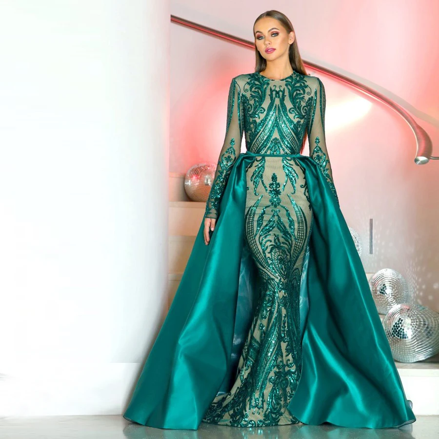 Lange Mouw 2 Stuks Gown in Emerald Green Prom Jurk Stijl 1705 met Afneembare Rok Saudi Arabië Paillette Avondjurken Lange Mouw 2 Stuks Gown in Emerald Green Prom Jurk Stijl 1705 met Afneembare Rok Saudi Arabië Paillette Avondjurken