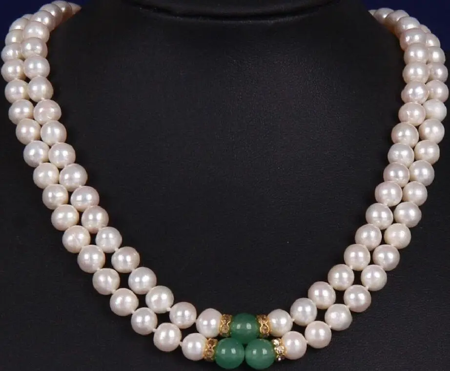 

Free Shipping >>>2 ROW 9-10MM SOUTH SEA WHITE GREEN JADE MOTHER PEARL NECKLACE 14k YELLOW CLASP