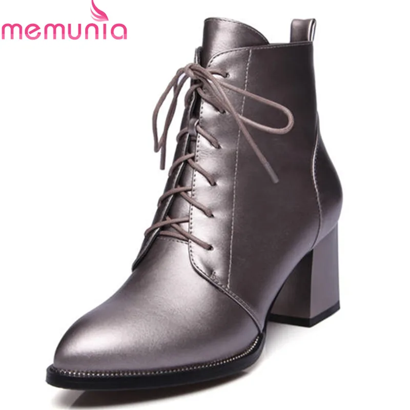 

MEMUNIA 2020 new arrival pointed toe autumn winter ankle boots for women lace up fashion solid color high heels boots red black