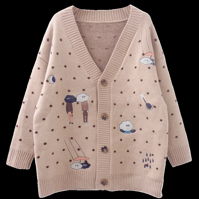 

2019 Autumn Winter Women Sweater Cardigans Korean Style Cartoon Embroidery Dot Cardigans Single Breasted Knitted Harajuku Jumper