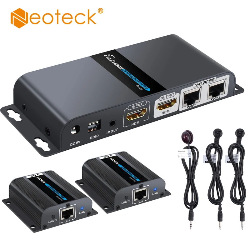 

Neoteck 1920*1080 HDMI Extender 1 Transmitter 2 Receivers Up to 40m Over RJ45 CAT6/6A/7 Cable Support POE EDID With IR Function