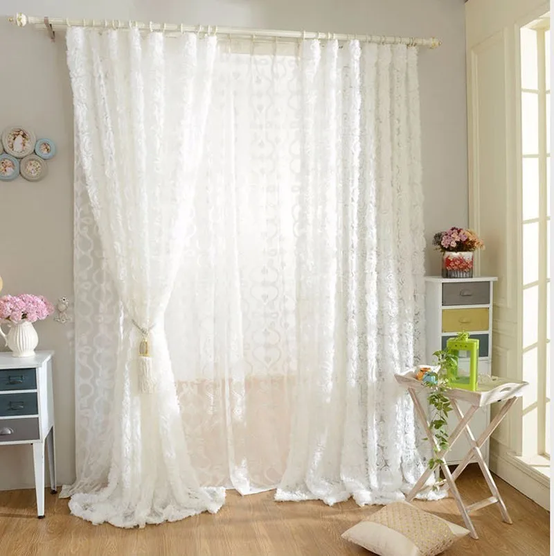 

Pastoral Korean Creative White Lace 3d Rose Curtains Voile Custom Window Screens For Marriage Living Room Bedroom Wp148-30