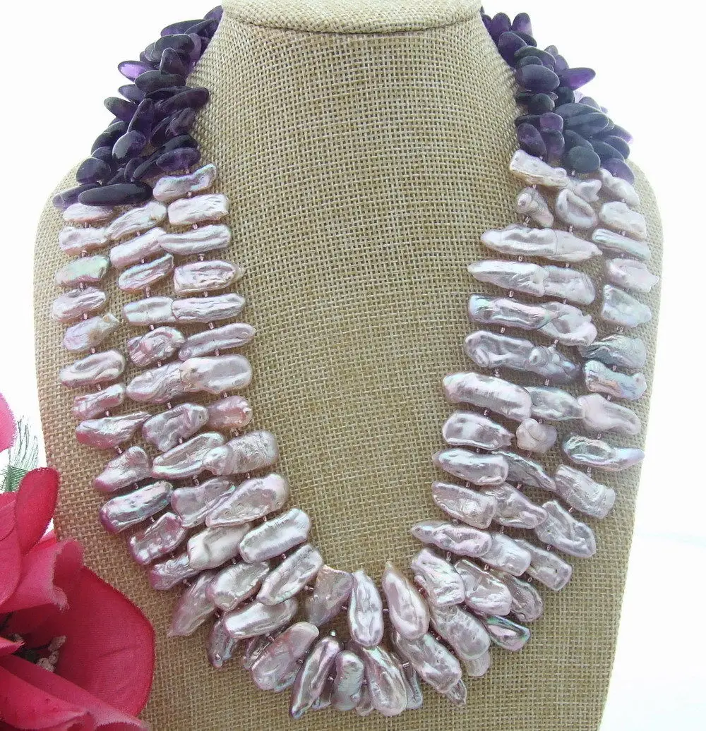 

FC031509 3Strands Purple Biwa Pearl Purple Stone Necklace
