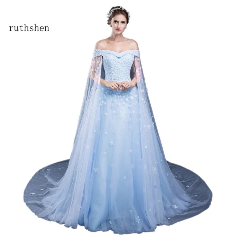

ruthshen Long Off Shoulder Evening Dresses Lace Appliques Beaded Watteau Light Blue Tulle Cheap Formal Dresses Vestido De Festa