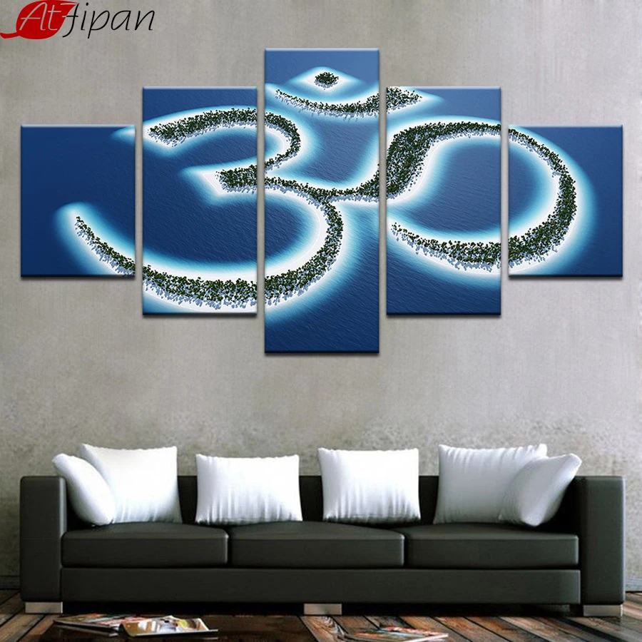 

AtFipan Canvas Poster Framed Living Room Home Decor 5 Pieces Sacred Om Symbol Painting Wall Art Buddha Yoga Pictures