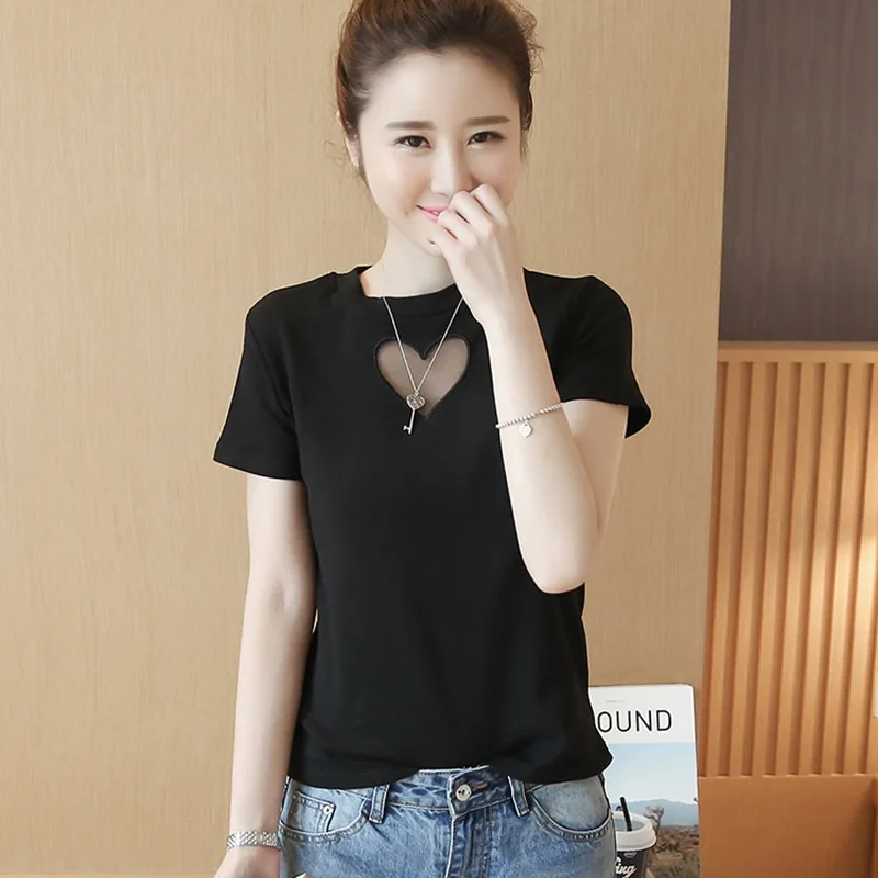

Women Sexy Mesh Heart T-shirt Harajuku Girl Shirt Summer Style Lovely Short Sleeve T-shirts Solid Color O Neck Female Tops Tee