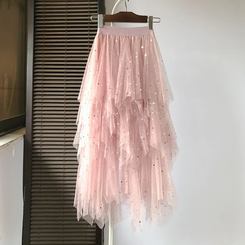 

Glitter Stars Bling Bling Shining Long Tulle Skirts Women Spring Summer Boho Style Asymmetric Ruffle High Waisted Mesh Skirt