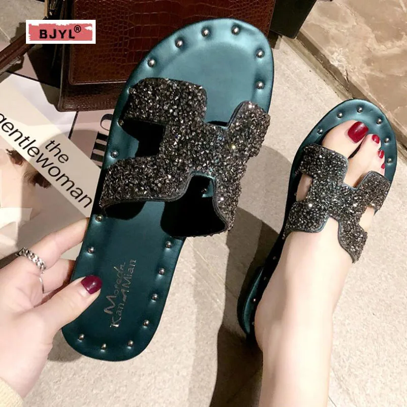 

BJYL New Women's Slippers of 2019, Water Drill Flat-soled Beach Shoes, Lazy Slippers Designer's Women's Shoes