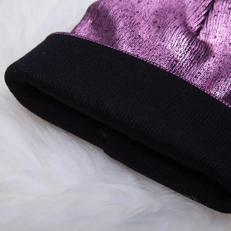 Зимняя модная женская шапка зимняя Ins золотисто-серебристая фиолетовая металлическая Женская акриловая вязаная шапка Skullies Beanies шапки с помпоном