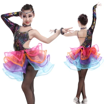 

Girls Elegant Single Shoulder Unequal Fluorescent Rainbow Color Competition Dress Child Kids Samba Tango Performance Sexy Dress