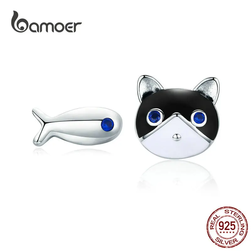

BAMOER Cat and Fish Stud Earrings for Girls Solid Sterling Silver Enamel Kitty Animal Ear Pins Jewelry Bijoux for Kids GXE623