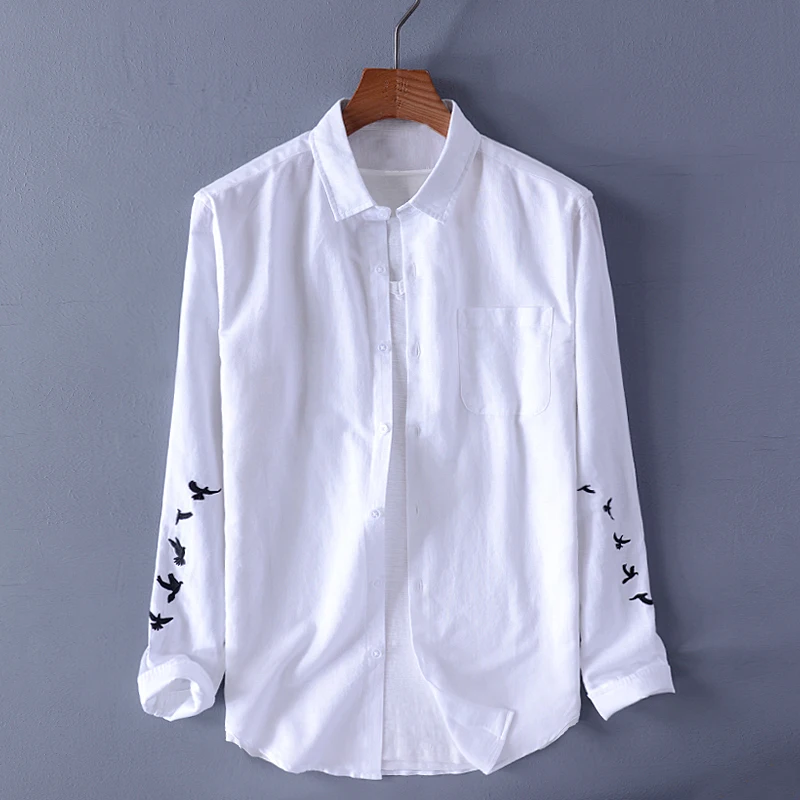 2019 Италия стиль с длинным рукавом льняные и хлопковые рубашки мужские брендовые вышивка Модная рубашка мужская Повседневная белая рубашка