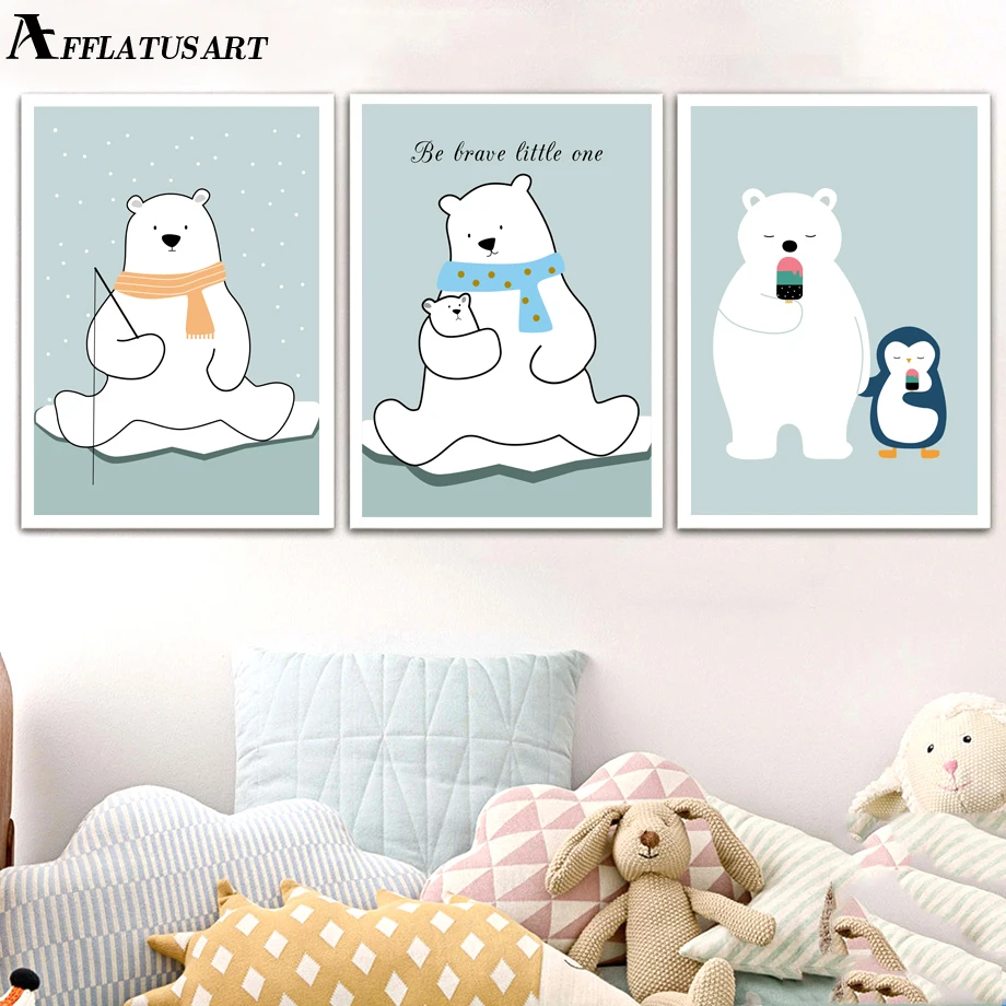 

Polar Bear Penguin Ice Cream Nordic Poster And Prints Fishing Wall Art Canvas Painting Cartoon Wall Picture For Kids Room Decor