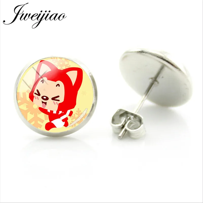 

JWEIJIAO Lovely Red Little Fox Stud Earrings Cartoon Animal Earrings Glass Cabochon Picture Dome Brinco Bijoux Kids Jewelry Al27
