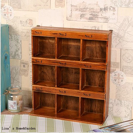 Numbered 9 Grids Vintage Small Solid Wood Cube Shelf (2)