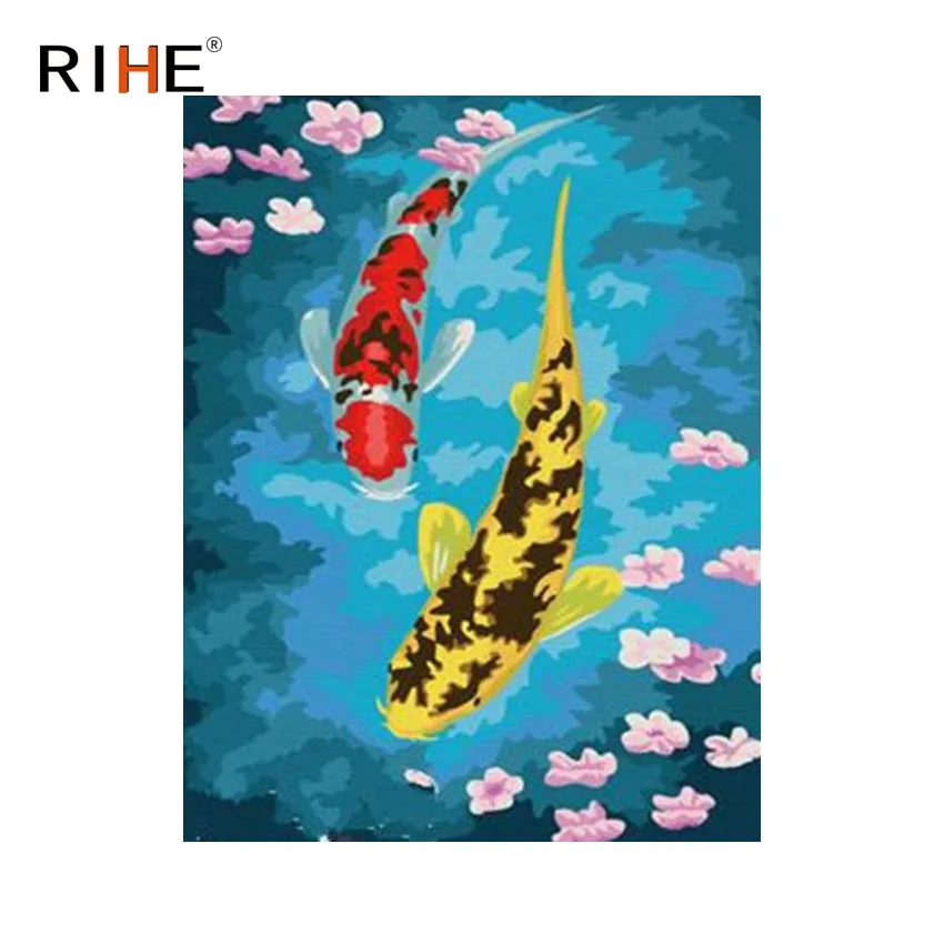 

RIHE Carp Swim Diy Painting By Numbers Animal River Oil Painting On Canvas Hand Painted Cuadros Decoracion Acrylic Paint 40X50CM