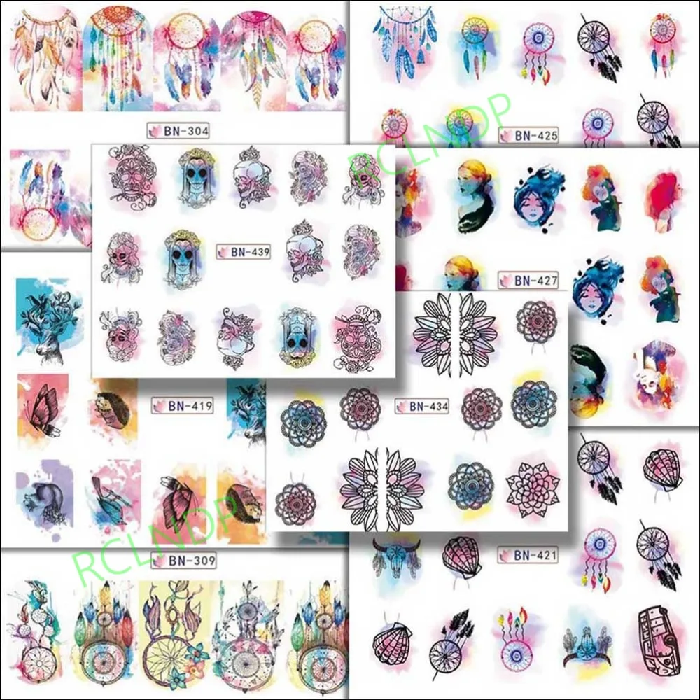 

Water sticker for nail art decoration slider mandala skull dreamcatcher butterfly girl design decal lacquer accessoires 7