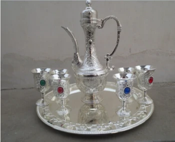 

Sets fine Tibet Silver Carving 1Tea Pot & 6 Wine Cup 1 Plate big Wine Pot flgon sets jug Decoration real Tibetan Silver Brass