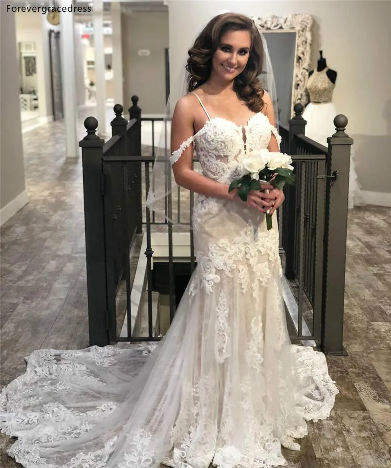 2019 Gorgeous Lace Wedding Dresses Spaghetti Straps Appliques Long Train Summer Boho Bridal Gowns Custom Made with Veil  208 (3)
